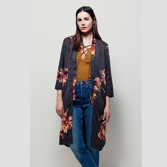 FREE PEOPLE Brown Floral Printed Slim Kimono BNWOT - Picture 2 of 2